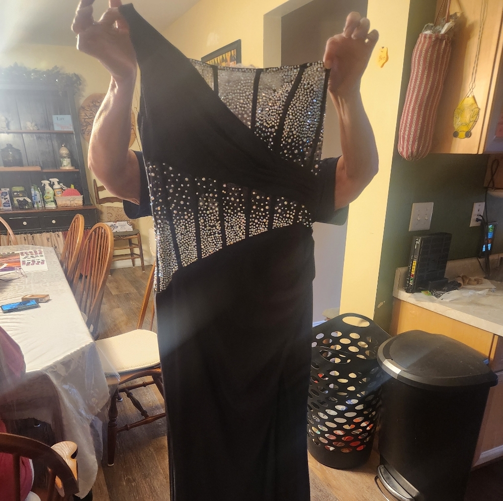 ashley lauren black rhinestone dress with train